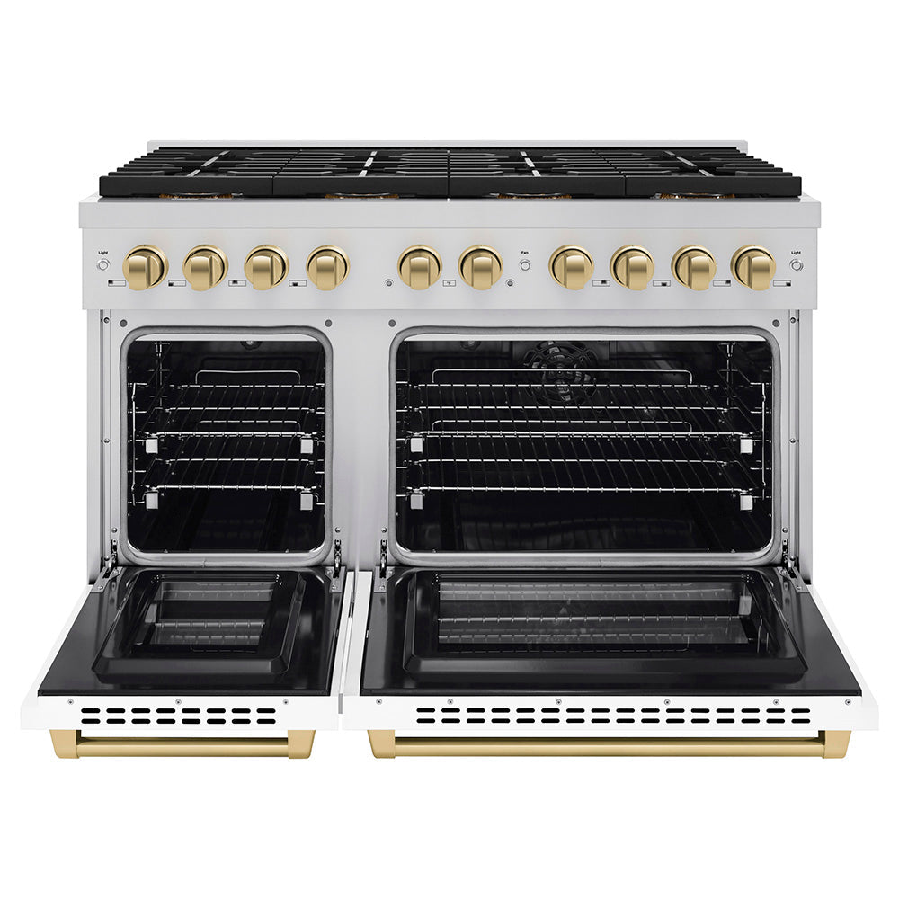 zline-48-in-dual-fuel-range-6-7-cu-ft-8-burner-duopro™-cooktop-dual-ovens-white-matte-doors-champagne-bronze-accents-psdrz-wm-48-cb
