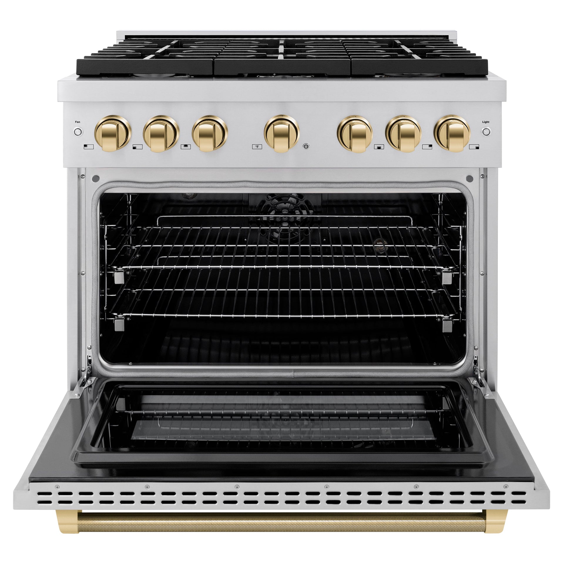 zline-36-in-dual-fuel-range-5-2-cu-ft-6-burner-gas-cooktop-electric-convection-oven-stainless-steel-polished-gold-helix-handle-knobs-sdrz-36-kg