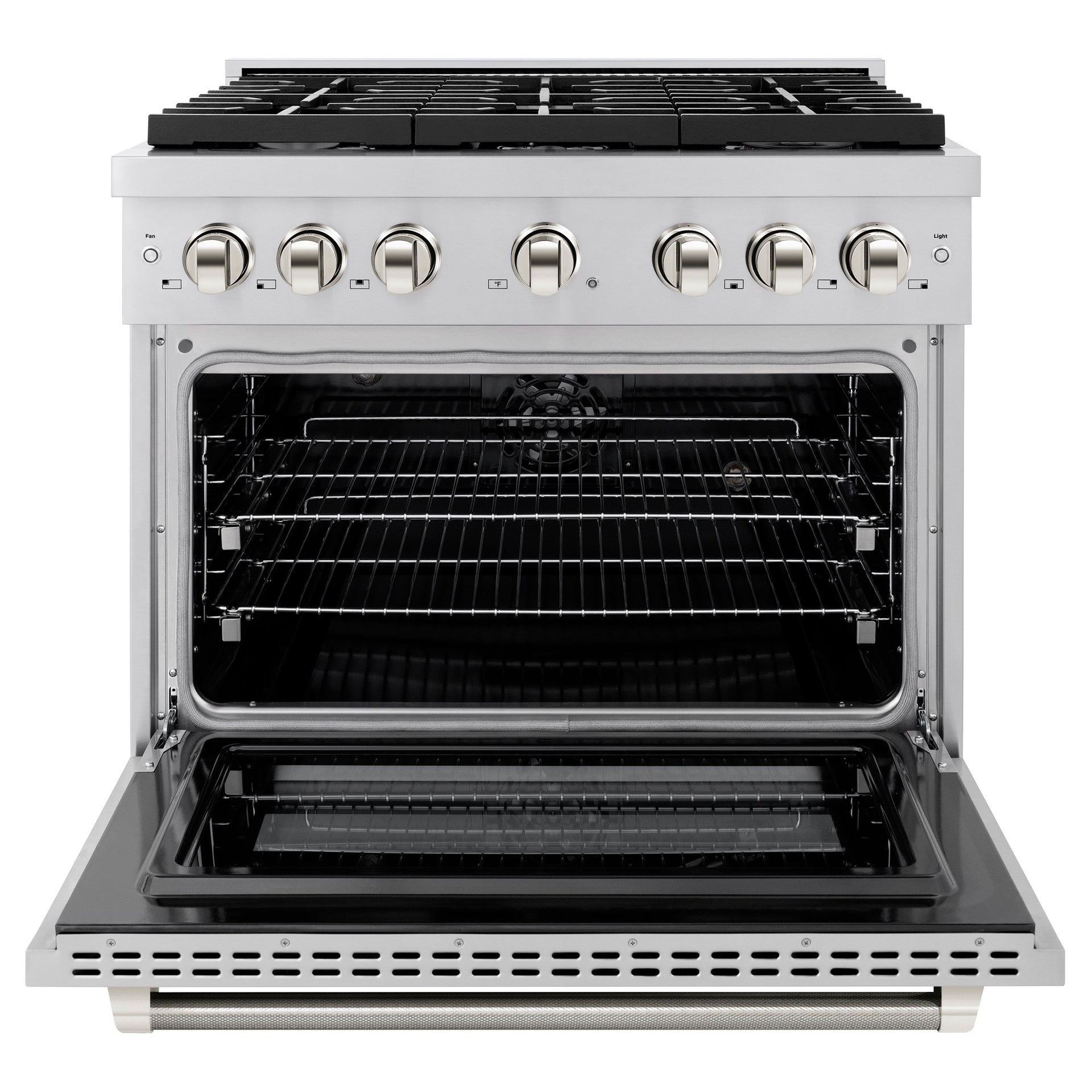 zline-36-in-dual-fuel-range-5-2-cu-ft-6-burner-gas-cooktop-electric-convection-oven-stainless-steel-polished-nickel-helix-handle-knobs-sdrz-36-kpn