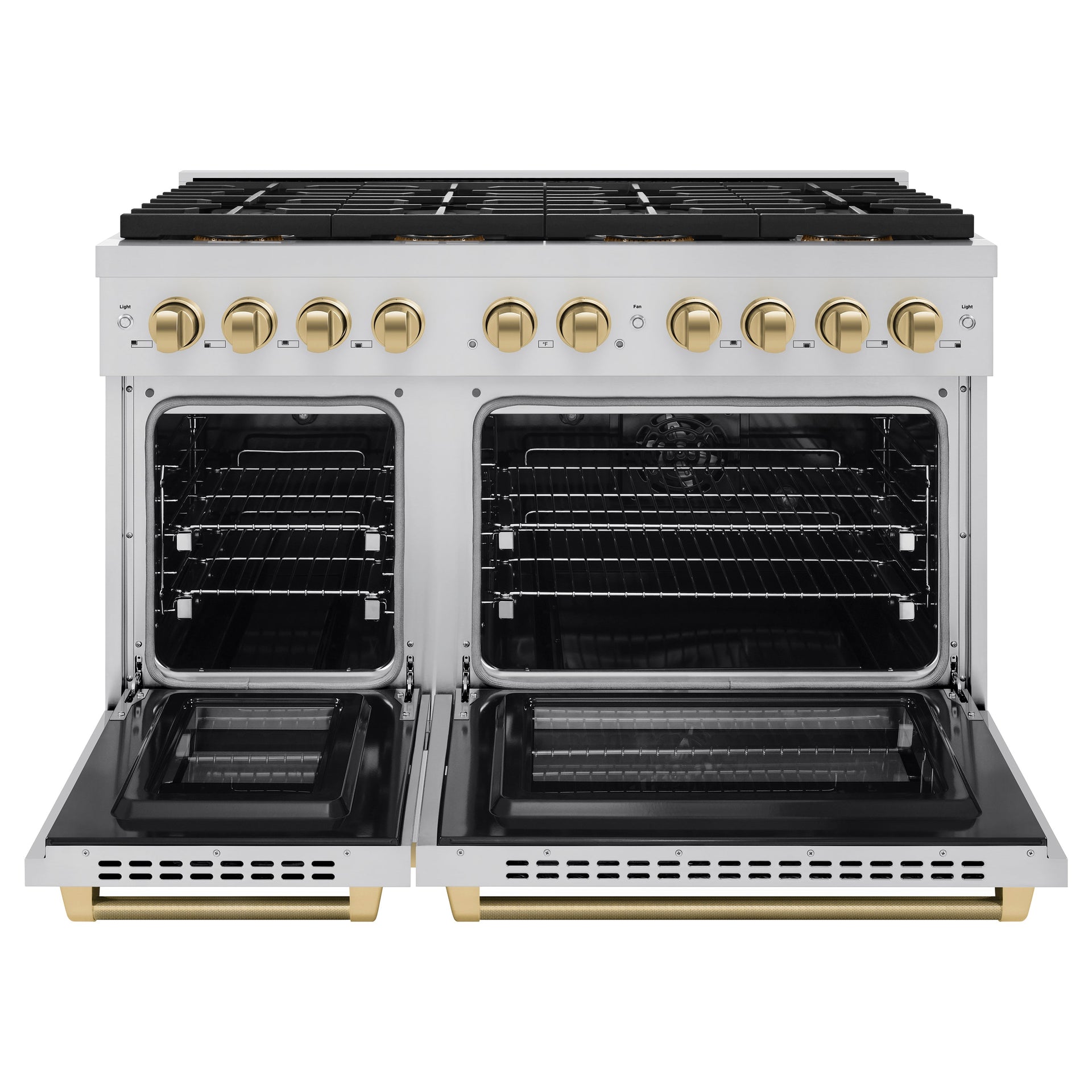 zline-48-in-dual-fuel-range-6-7-cu-ft-paramount-double-oven-range-with-8-burner-gas-cooktop-stainless-steel-champagne-bronze-helix-handles-knob-accents-sdrz-48-kcb