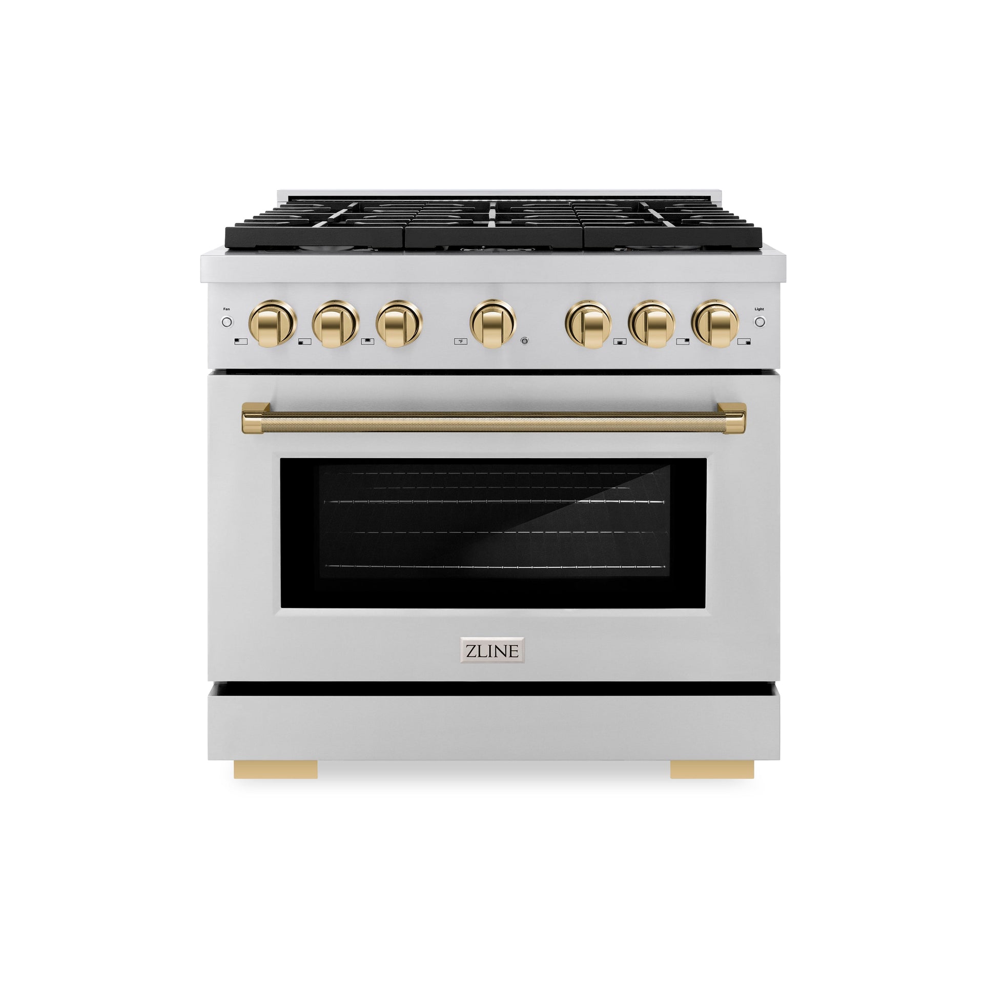 zline-36-in-gas-range-5-2-cu-ft-paramount-series-with-6-burner-cooktop-convection-gas-oven-stainless-steel-polished-gold-helix-handle-knob-accents-sgrz-36-kg