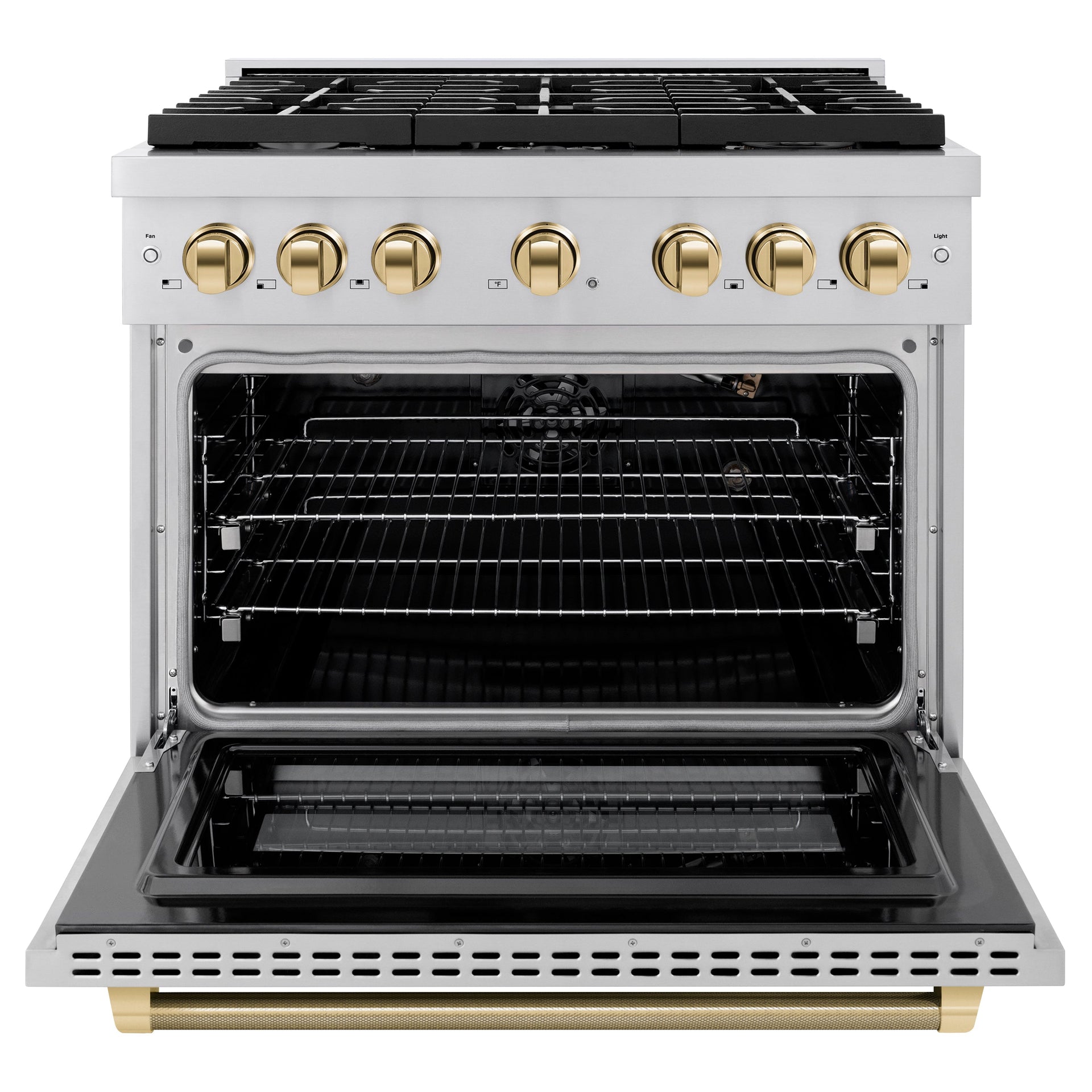 zline-36-in-gas-range-5-2-cu-ft-paramount-series-with-6-burner-cooktop-convection-gas-oven-stainless-steel-polished-gold-helix-handle-knob-accents-sgrz-36-kg
