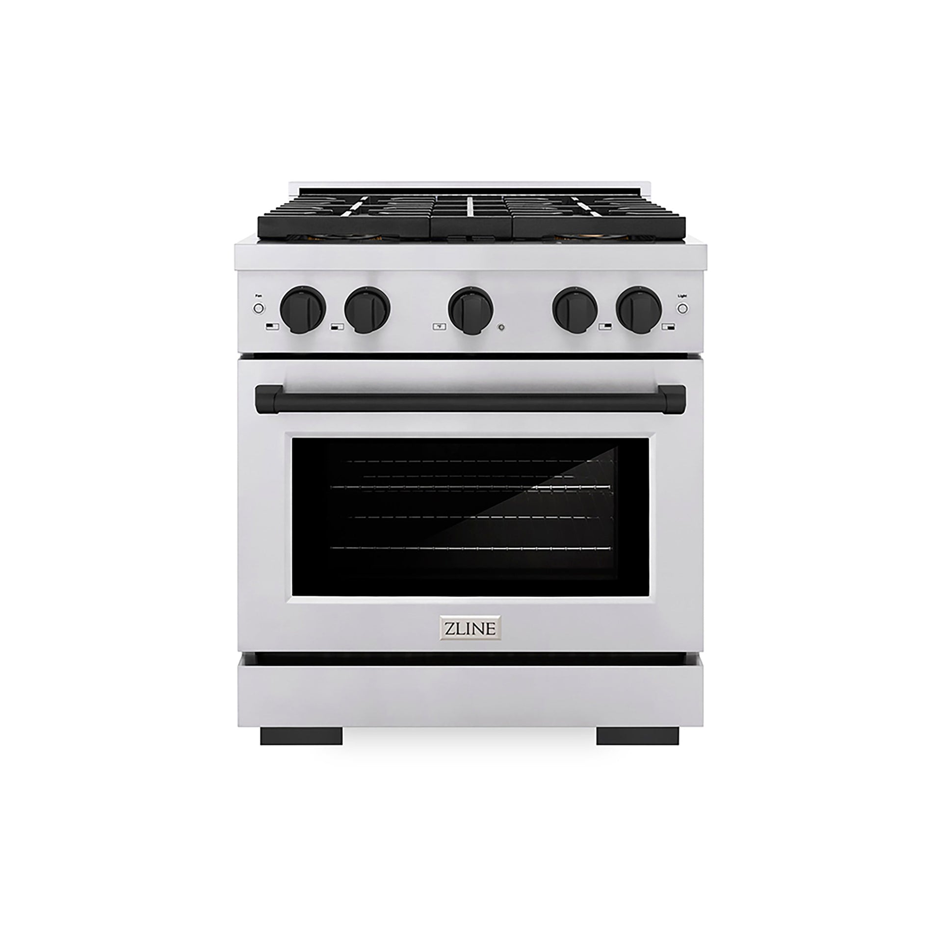 zline-30-in-gas-range-4-2-cu-ft-4-burner-duopro™-cooktop-convection-gas-oven-stainless-steel-with-matte-black-accents-psgrz-30-mb