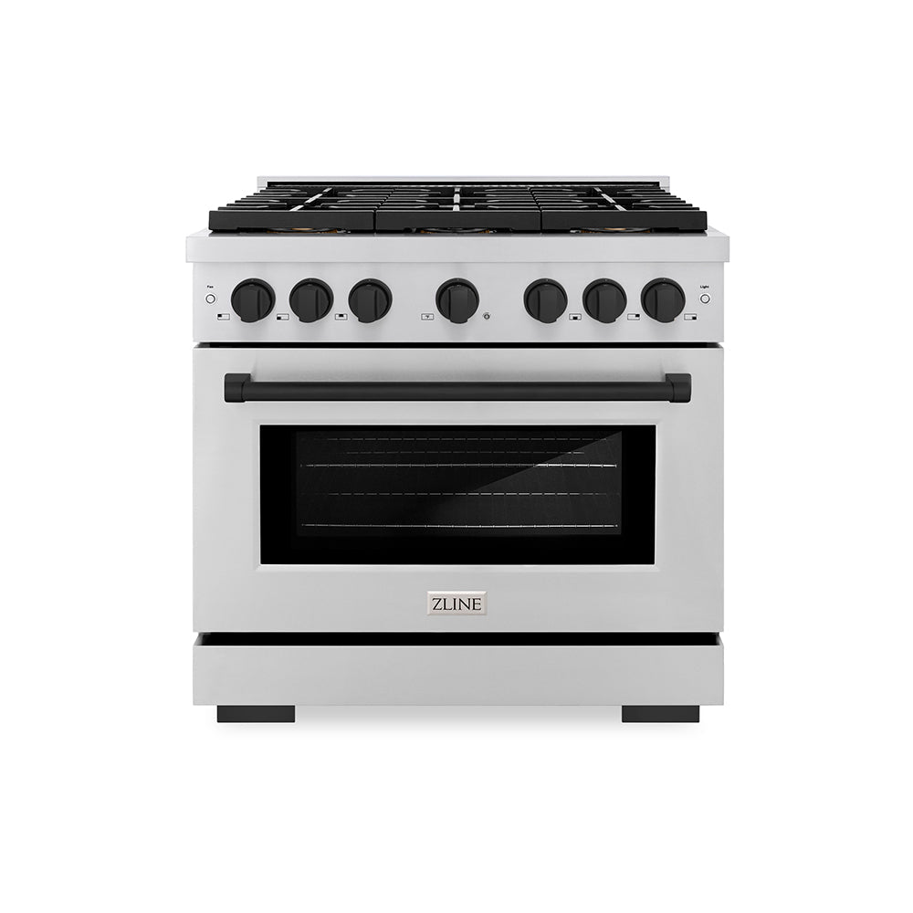 zline-36-in-gas-range-5-2-cu-ft-6-burner-duopro™-cooktop-convection-gas-oven-stainless-steel-matte-black-accents-psgrz-36-mb