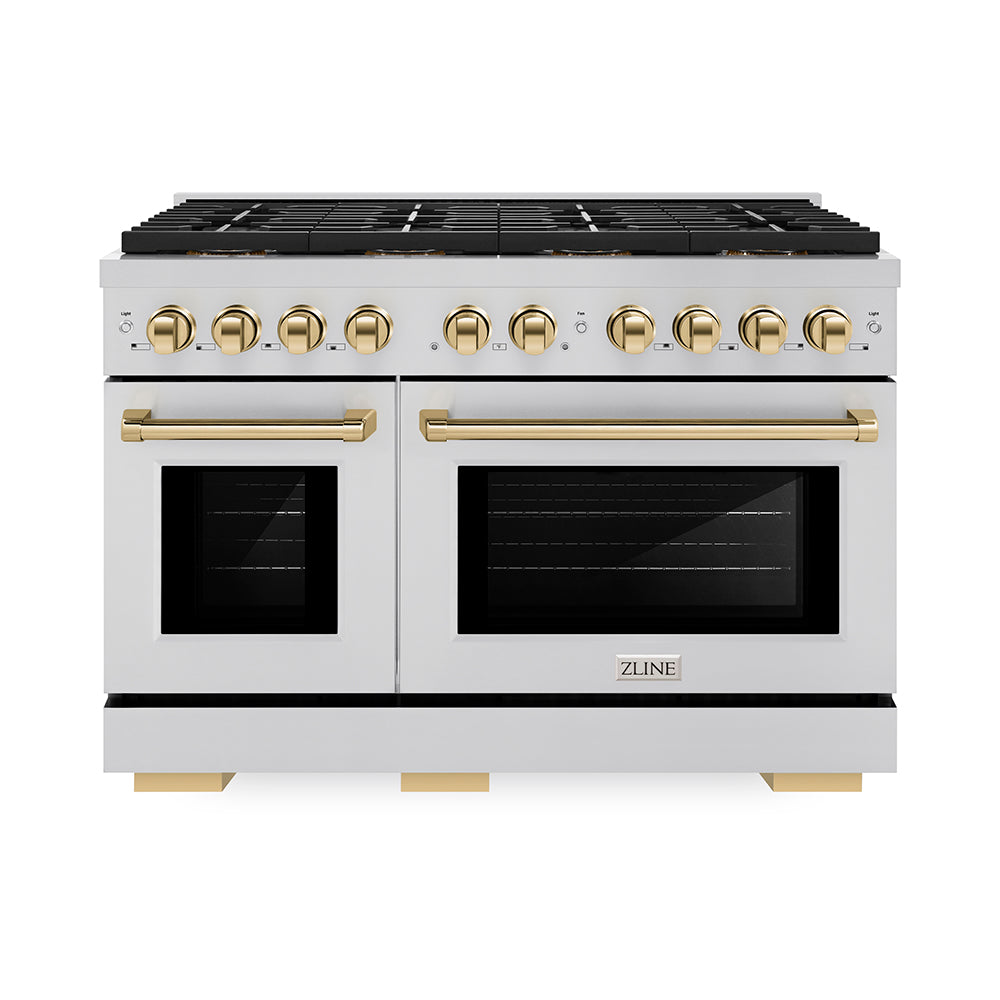 zline-48-in-gas-range-6-7-cu-ft-paramount-series-with-8-burner-duopro™-cooktop-dual-ovens-stainless-steel-with-polished-gold-accents-psgrz-48-g