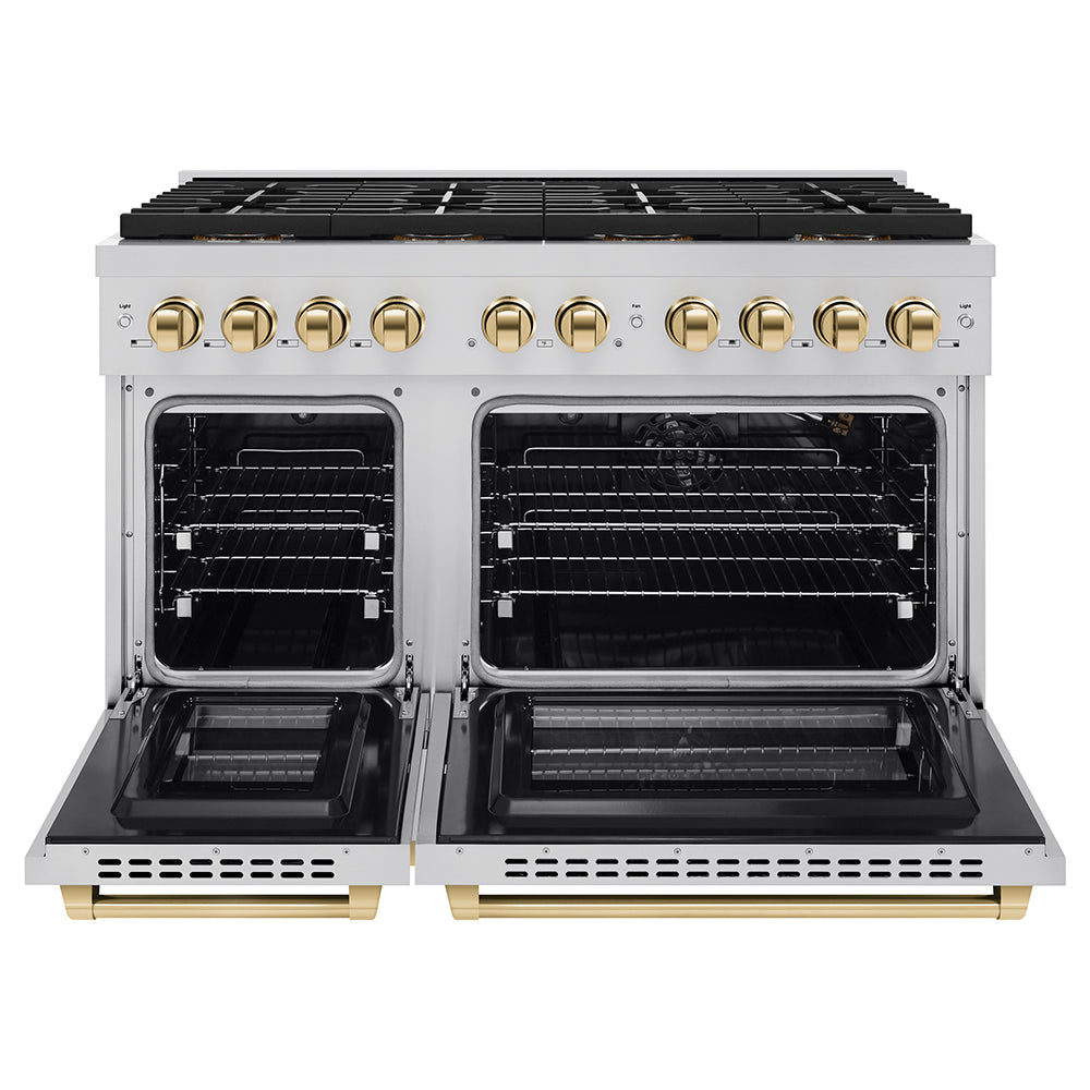 zline-48-in-gas-range-6-7-cu-ft-paramount-series-with-8-burner-duopro™-cooktop-dual-ovens-stainless-steel-with-polished-gold-accents-psgrz-48-g