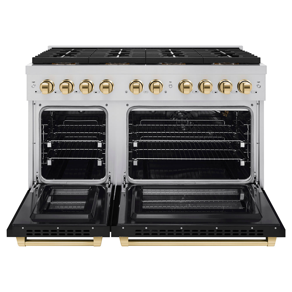 zline-48-in-gas-range-paramount-series-6-7-cu-ft-dual-oven-8-burner-duopro™-cooktop-black-matte-doors-polished-gold-accents-psgrz-blm-48-g