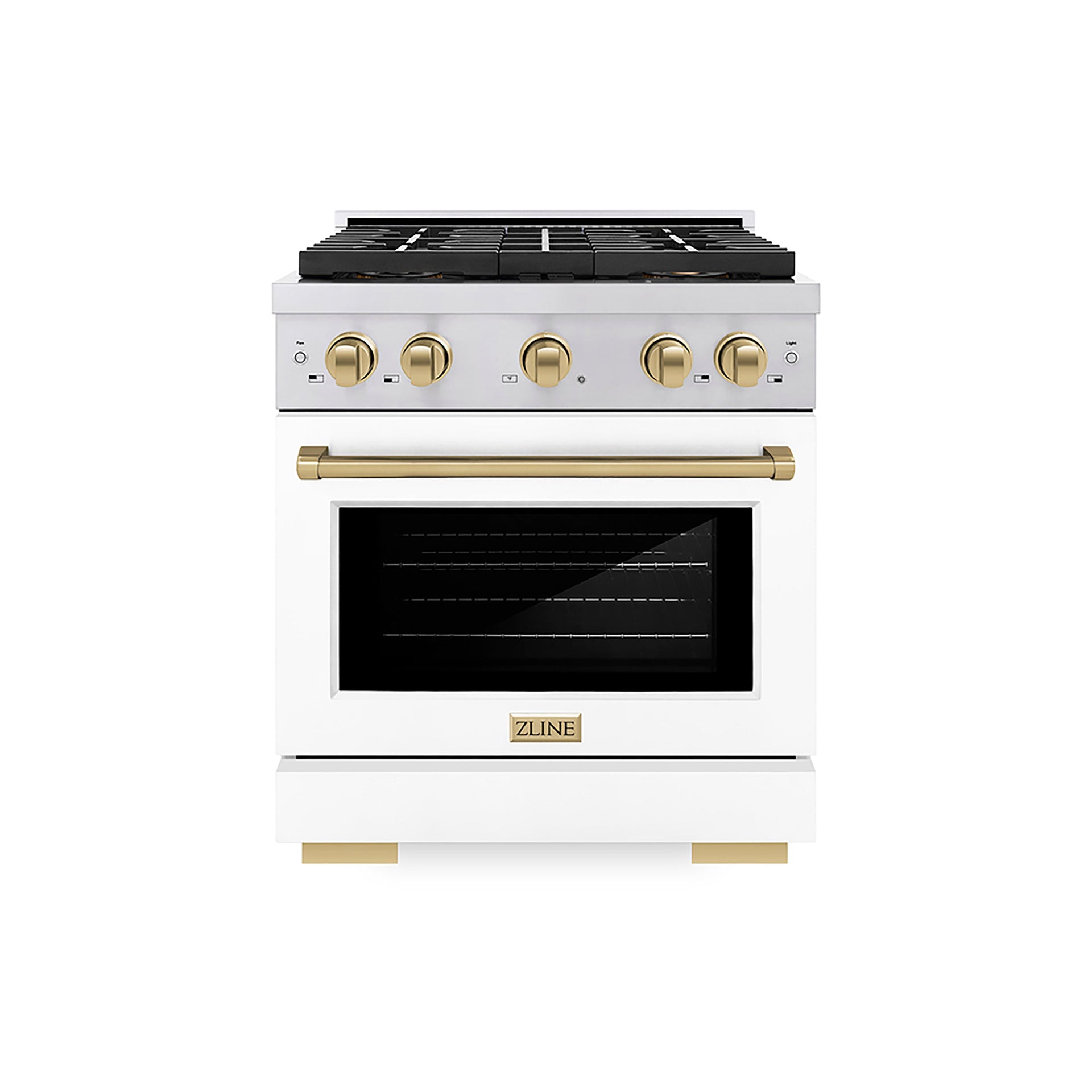 zline-30-in-gas-range-4-2-cu-ft-4-burner-duopro™-cooktop-convection-oven-stainless-steel-white-matte-door-champagne-bronze-accents-psgrz-wm-30-cb