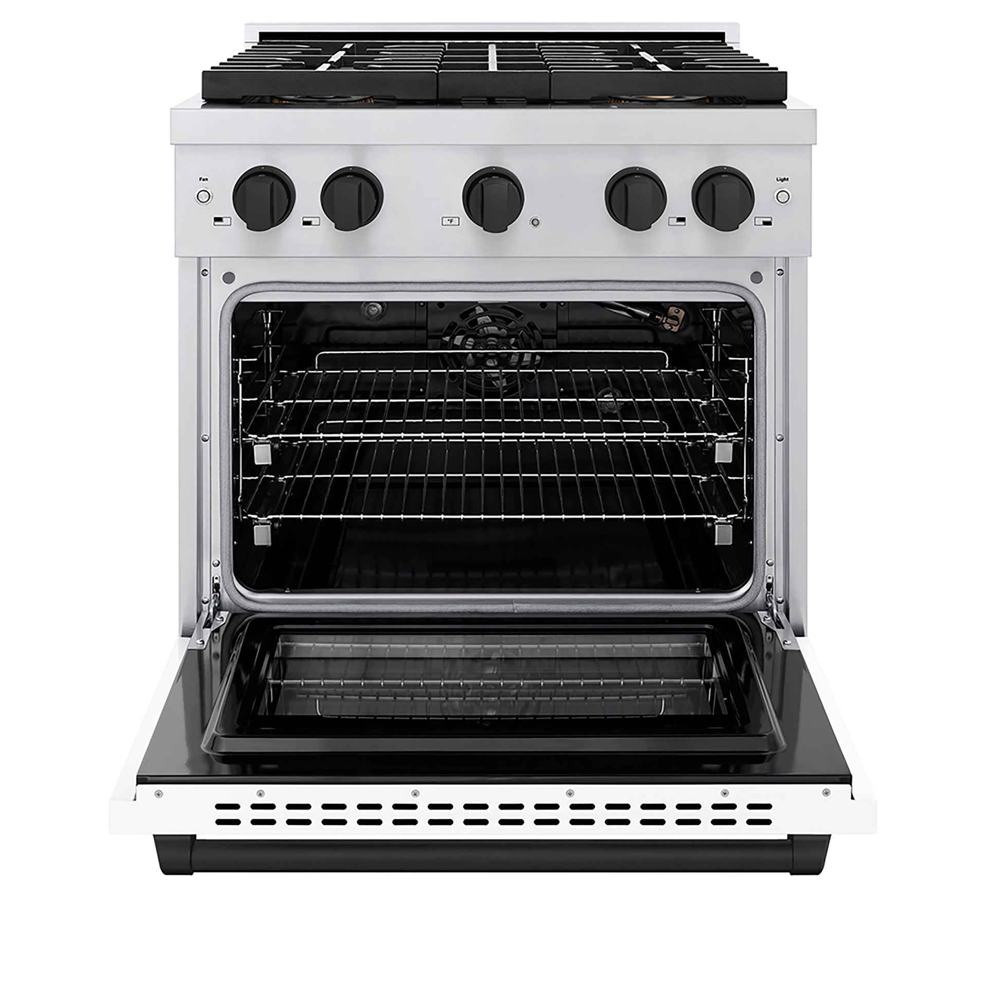 zline-30-in-gas-range-4-2-cu-ft-4-burner-duopro™-cooktop-convection-gas-oven-stainless-steel-white-matte-door-matte-black-accents-psgrz-wm-30-mb