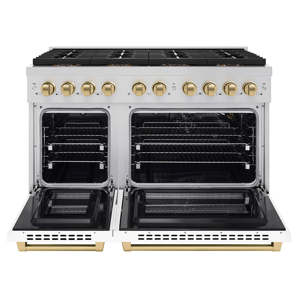 zline-48-in-gas-range-6-7-cu-ft-paramount-series-dual-oven-8-burner-duopro™-cooktop-white-matte-doors-champagne-bronze-accents-psgrz-wm-48-cb
