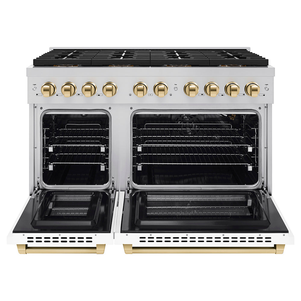 zline-48-in-gas-range-6-7-cu-ft-paramount-series-dual-oven-8-burner-duopro™-cooktop-white-matte-doors-polished-gold-accents-psgrz-wm-48-g