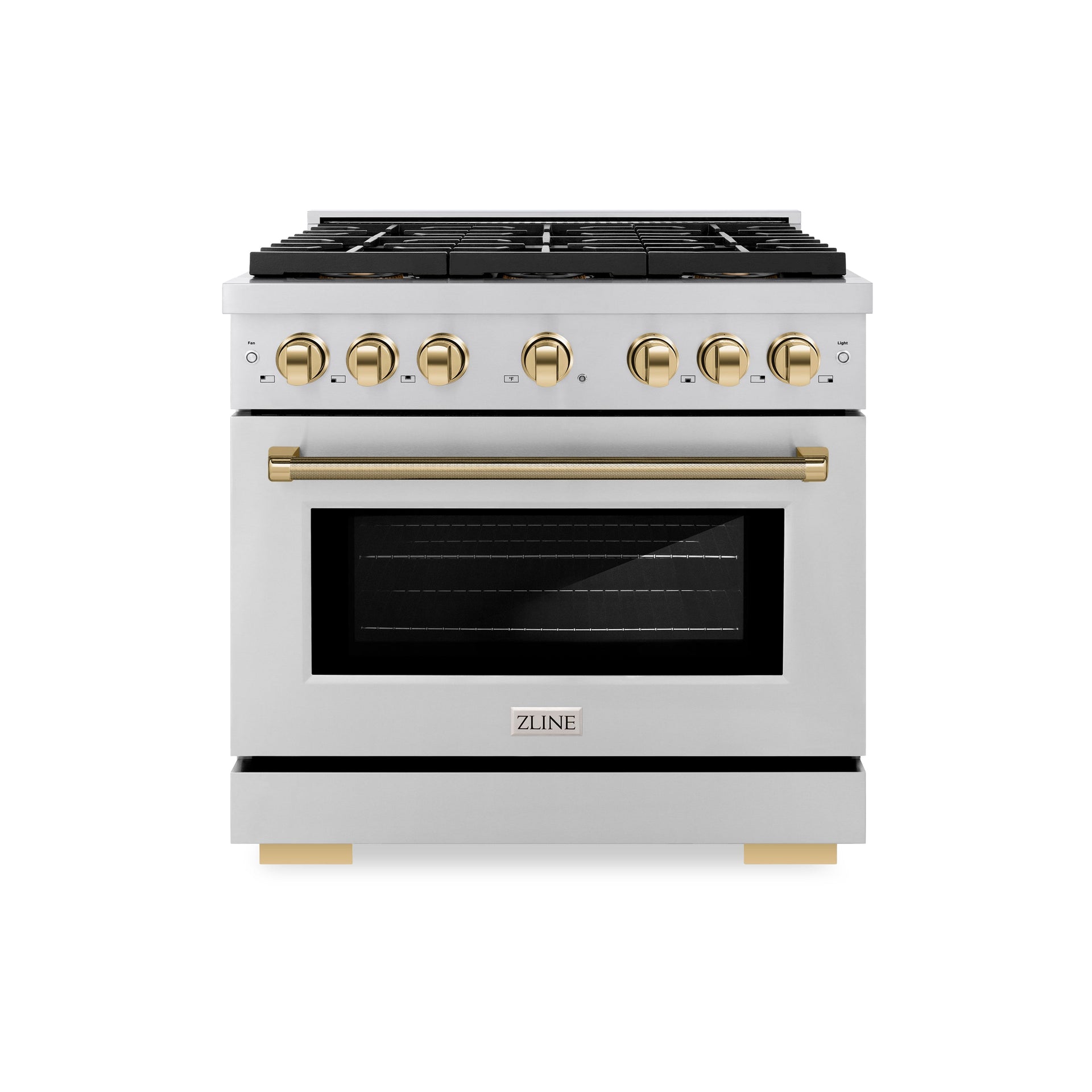 zline-36-in-gas-range-5-2-cu-ft-6-burner-duopro™-cooktop-convection-gas-oven-polished-gold-helix-accents-stainless-steel-psgrz-36-kg