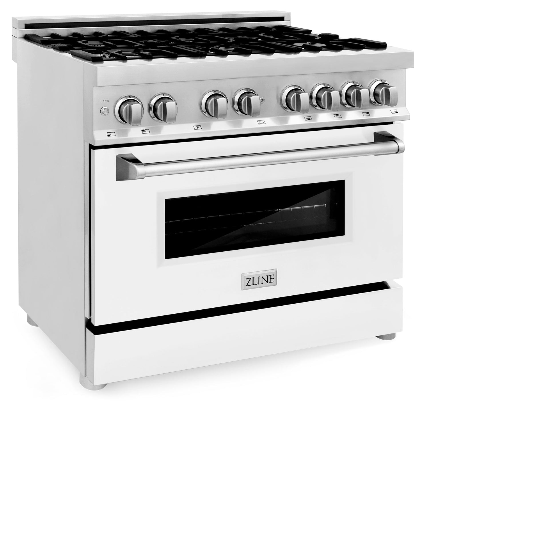 zline-36-inch-dual-fuel-range-with-gas-cooktop-electric-oven-griddle-and-white-matte-door-in-stainless-steel-4-6-cu-ft-ra-wm-gr-36