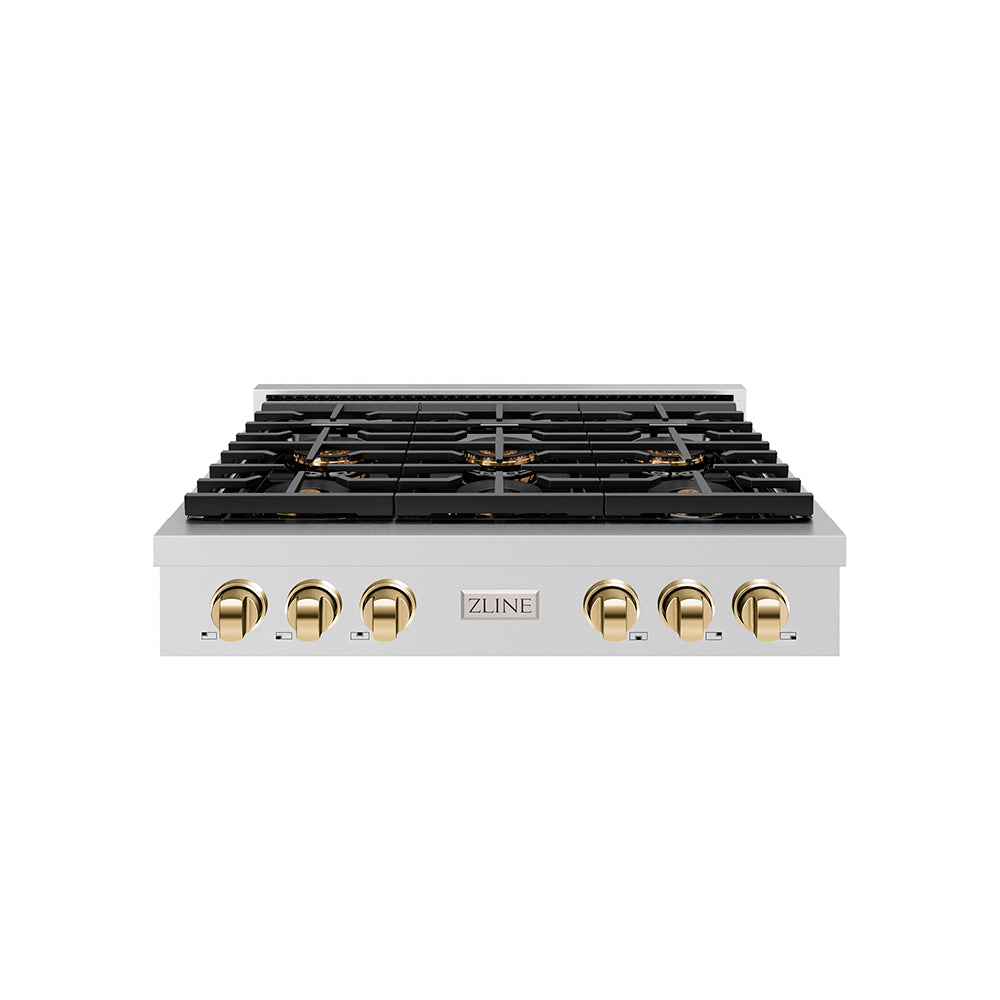 zline-autograph-36-paramount-gas-rangetop-with-6-burner-duopro™-cooktop-in-stainless-steel-and-polished-gold-accents-psrtz-36-g