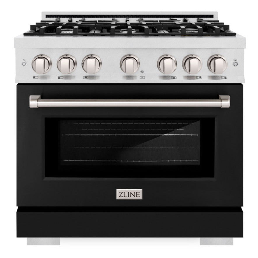 zline-36-in-dual-fuel-range-5-2-cu-ft-capacity-6-burner-gas-cooktop-electric-convection-oven-satin-stainless-steel-black-matte-door-hdrs-blm-36