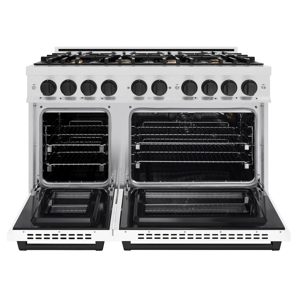 zline-48-in-double-oven-gas-range-6-7-cu-ft-8-burner-cooktop-satin-stainless-steel-white-matte-doors-matte-black-accents-hgrsz-wm-48-mb