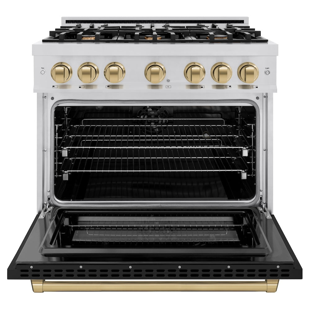 zline-36-in-select-series-dual-fuel-range-5-2-cu-ft-capacity-6-burner-gas-cooktop-electric-convection-oven-stainless-steel-with-black-matte-door-champagne-bronze-accents-hdrz-blm-36-cb