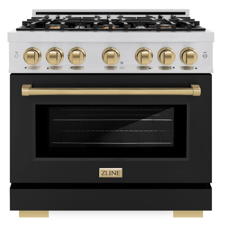 zline-36-in-select-series-dual-fuel-range-5-2-cu-ft-capacity-6-burner-gas-cooktop-electric-convection-oven-stainless-steel-with-black-matte-door-champagne-bronze-accents-hdrz-blm-36-cb