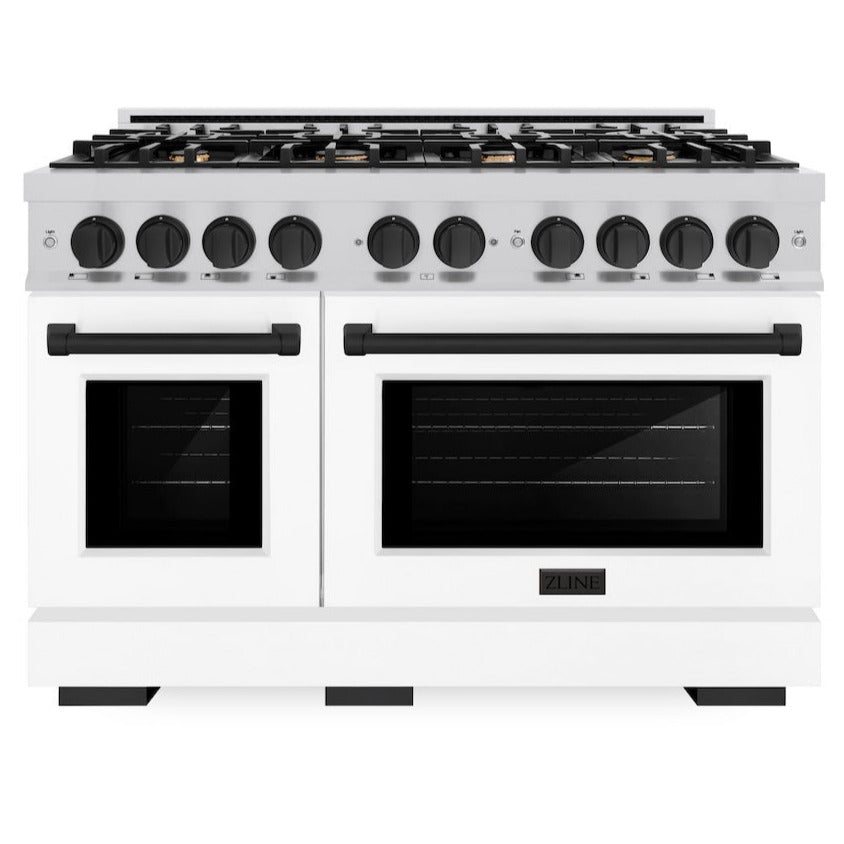 zline-autograph-edition-48-in-double-oven-gas-range-with-8-burners-6-7-cu-ft-stainless-steel-with-white-matte-doors-and-matte-black-accents-hgrz-wm-48-mb
