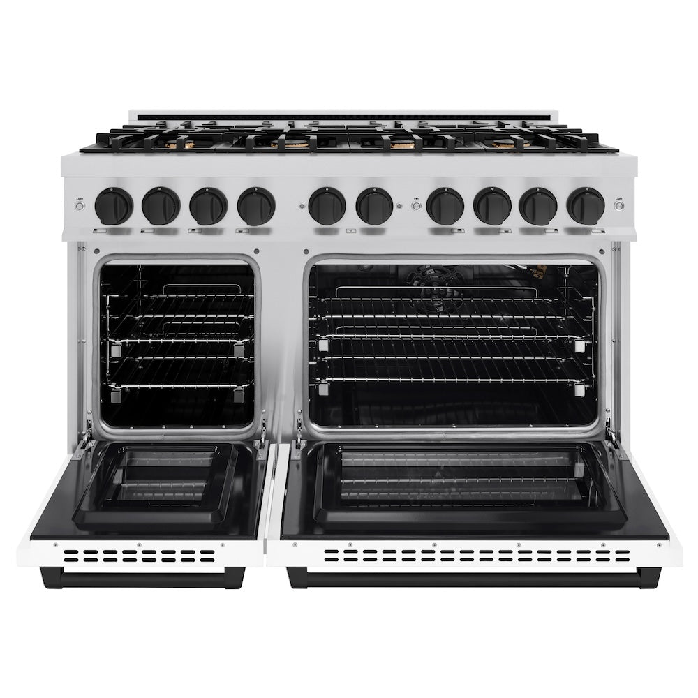 zline-autograph-edition-48-in-double-oven-gas-range-with-8-burners-6-7-cu-ft-stainless-steel-with-white-matte-doors-and-matte-black-accents-hgrz-wm-48-mb