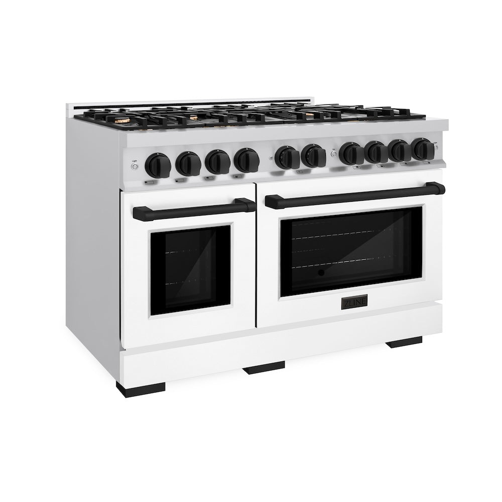 zline-autograph-edition-48-in-double-oven-gas-range-with-8-burners-6-7-cu-ft-stainless-steel-with-white-matte-doors-and-matte-black-accents-hgrz-wm-48-mb