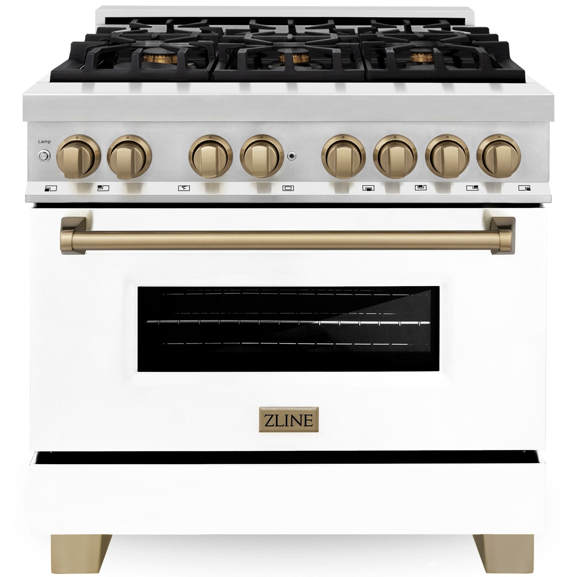 zline-autograph-edition-36-in-4-6-cu-ft-dual-fuel-range-with-gas-cooktop-and-electric-convection-oven-white-matte-door-with-champagne-bronze-accents-raz-wm-36-cb