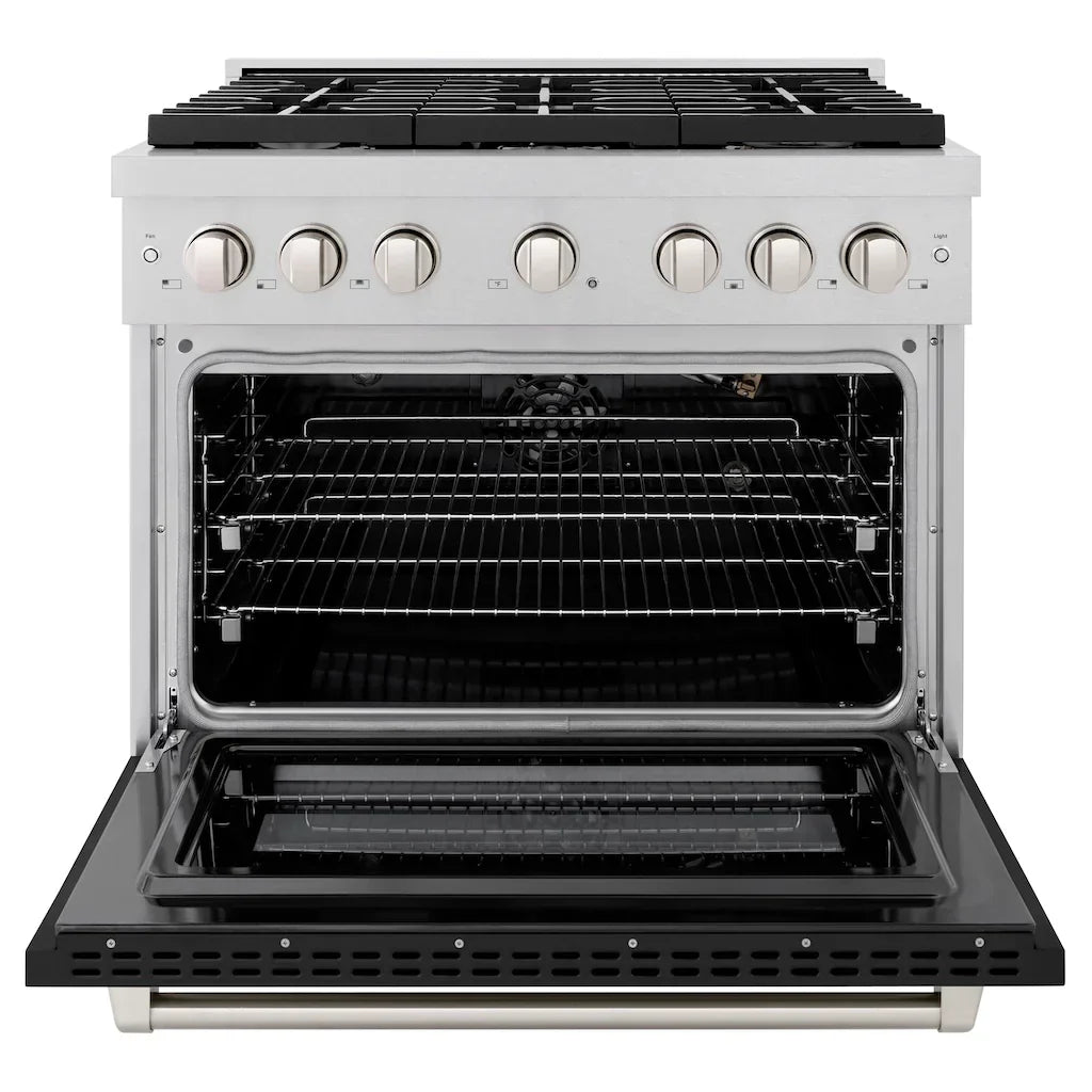 zline-36-in-5-2-cu-ft-paramount-gas-range-with-6-burners-and-convection-oven-in-satin-stainless-steel-with-black-matte-door-sgrs-blm-36