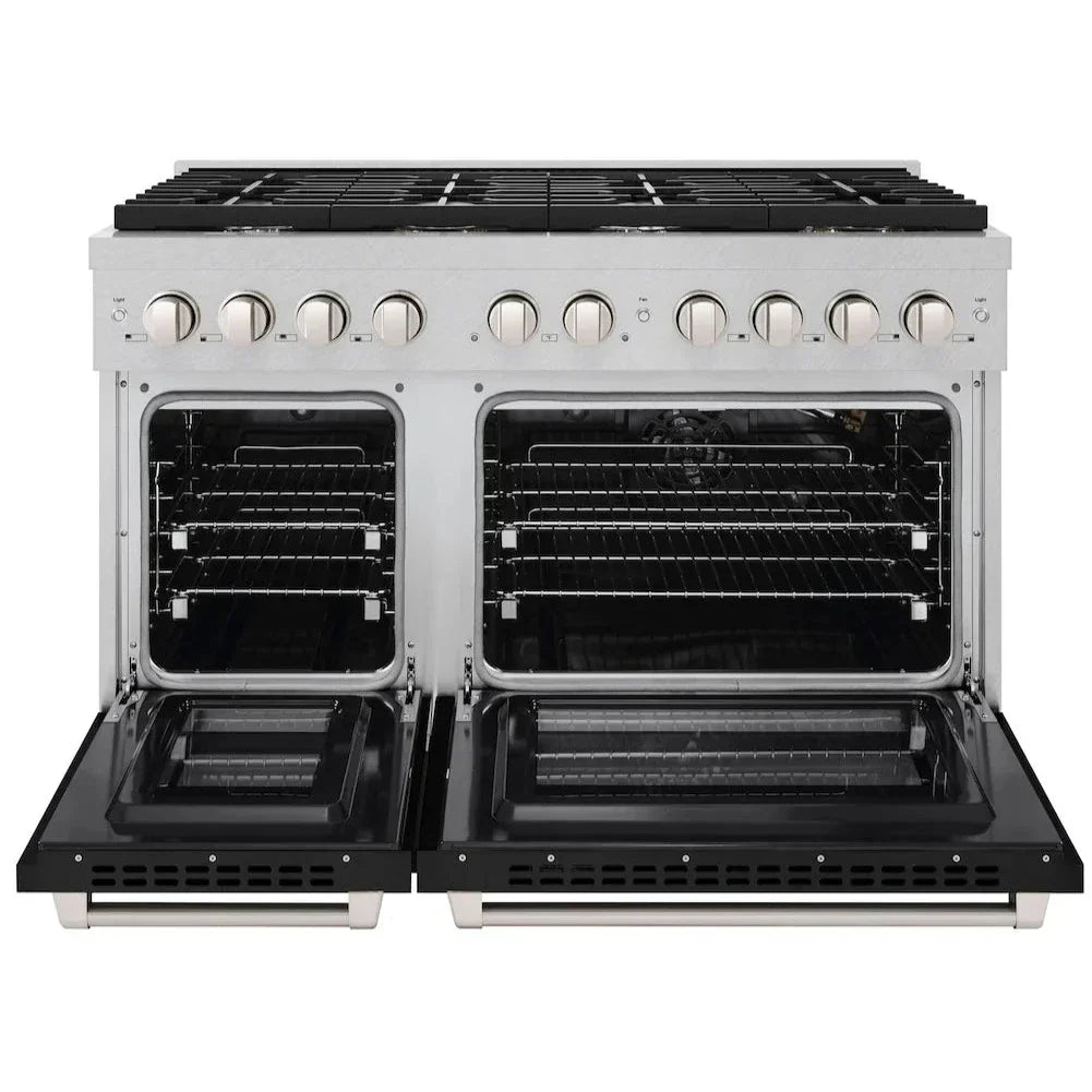 zline-48-in-6-7-cu-ft-paramount-double-oven-gas-range-with-8-gas-burners-satin-stainless-steel-with-black-matte-doors-sgrs-blm-48