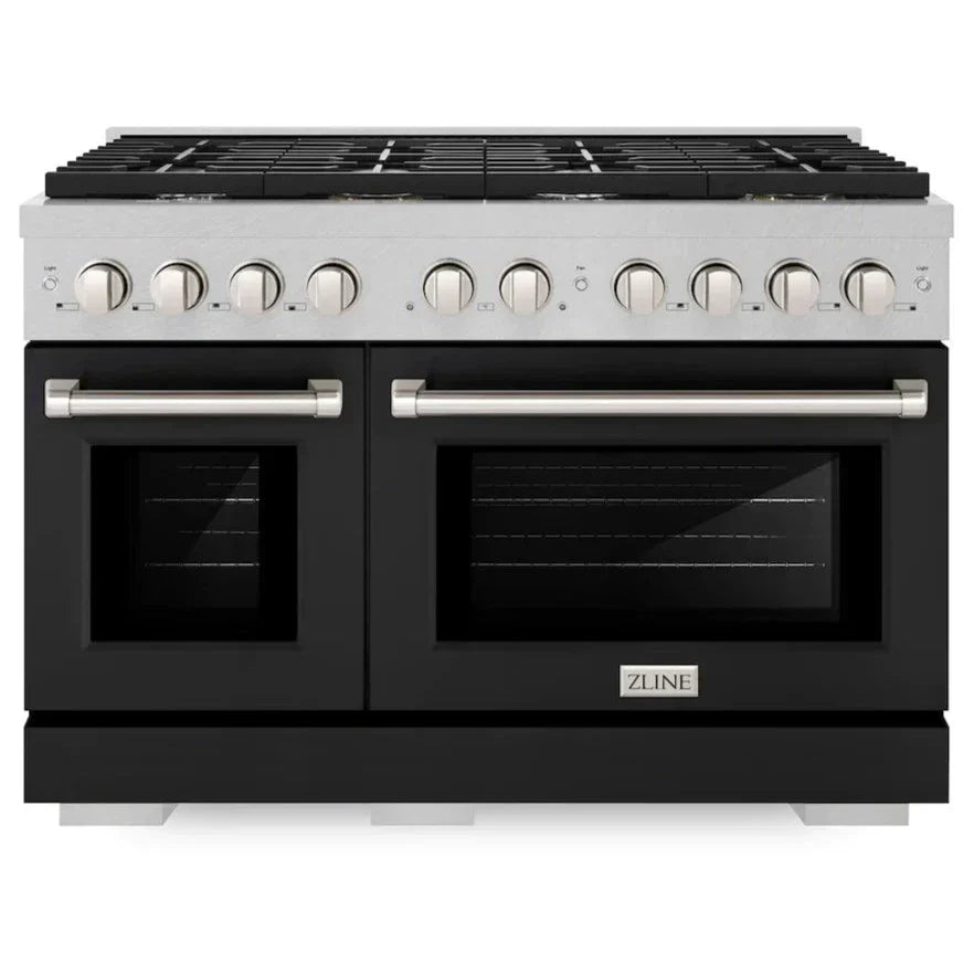 zline-48-in-6-7-cu-ft-paramount-double-oven-gas-range-with-8-gas-burners-satin-stainless-steel-with-black-matte-doors-sgrs-blm-48