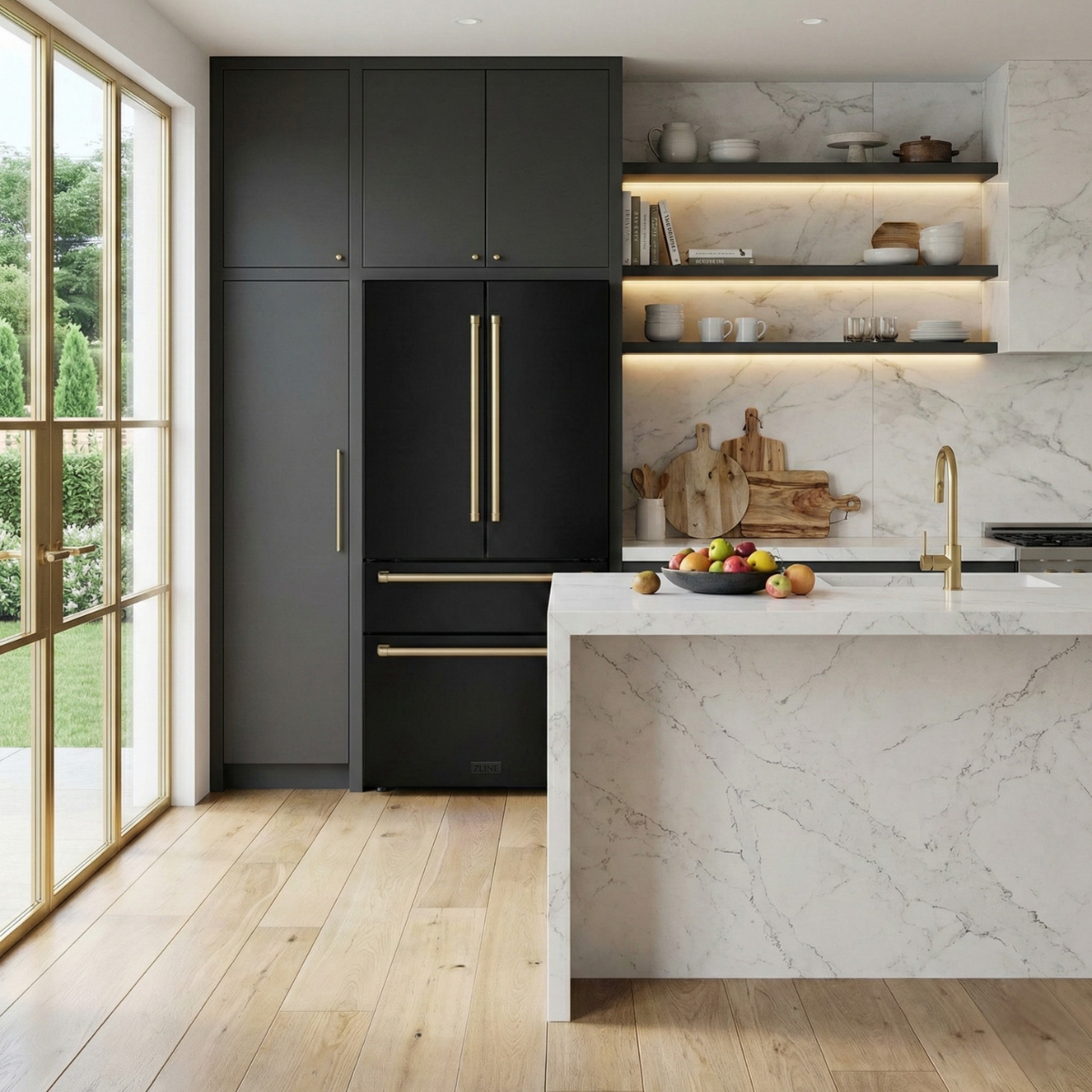 zline-kitchen-and-bath-36-inch-french-door-refrigerator-22-5-cu-ft-counter-depth-ice-maker-black-stainless-steel-with-champagne-bronze-accents-rfmz-36-bs-cb