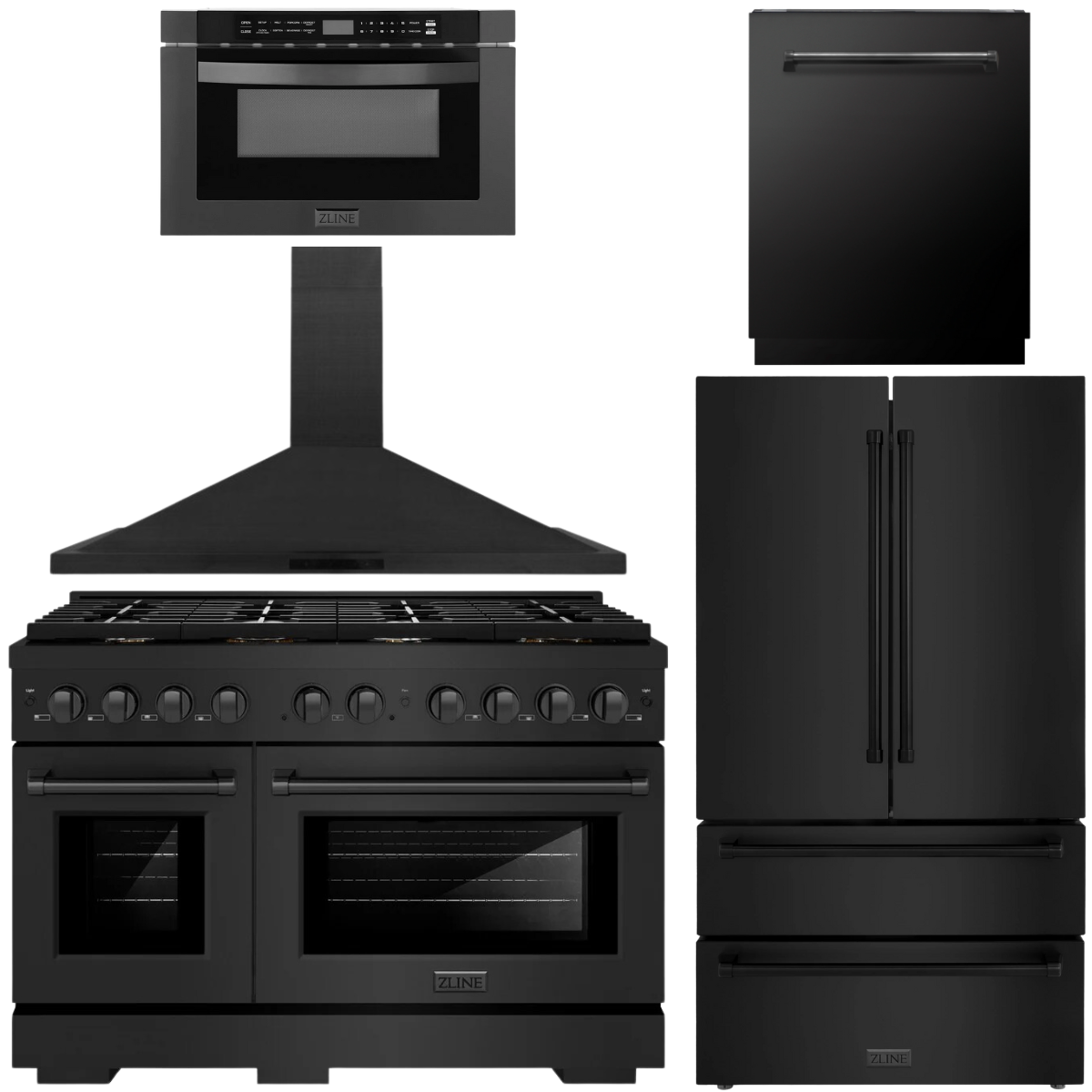 zline-appliance-package-48-dual-fuel-range-range-hood-36-refrigerator-with-ice-maker-24-microwave-drawer-and-dishwasher-in-black-stainless-steel