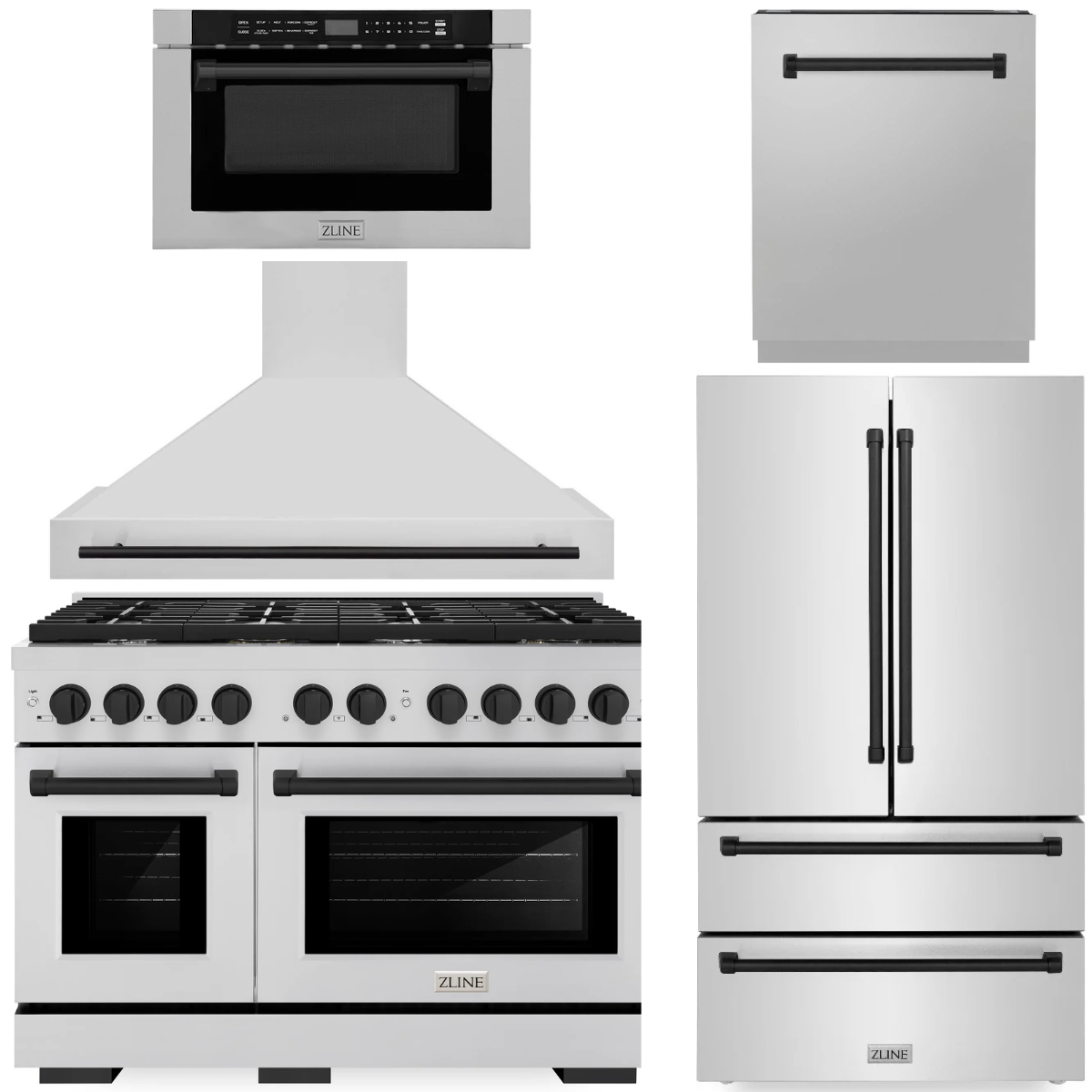 zline-autograph-appliance-package-48-gas-range-range-hood-36-refrigerator-with-ice-maker-24-microwave-drawer-and-dishwasher-in-stainless-steel-with-matte-black-accents