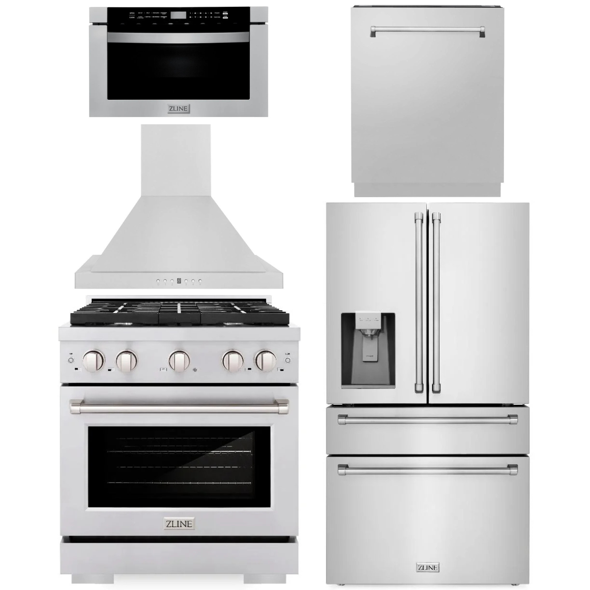 zline-appliance-package-30-dual-fuel-range-range-hood-36-refrigerator-with-water-ice-dispenser-24-microwave-drawer-and-dishwasher-in-stainless-steel