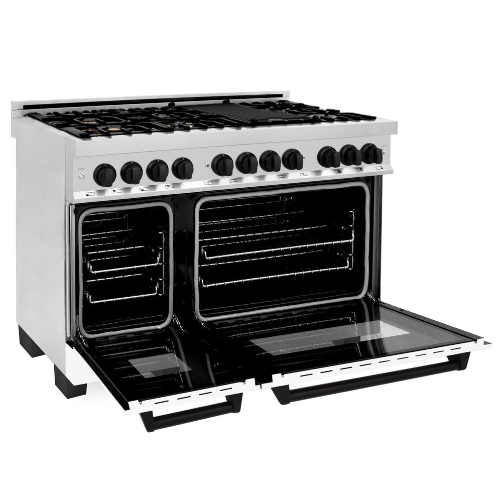 zline-autograph-edition-48-in-6-0-cu-ft-dual-fuel-range-with-gas-cooktop-and-electric-convection-oven-in-stainless-steel-with-white-matte-door-and-matte-black-accents-raz-wm-48-mb