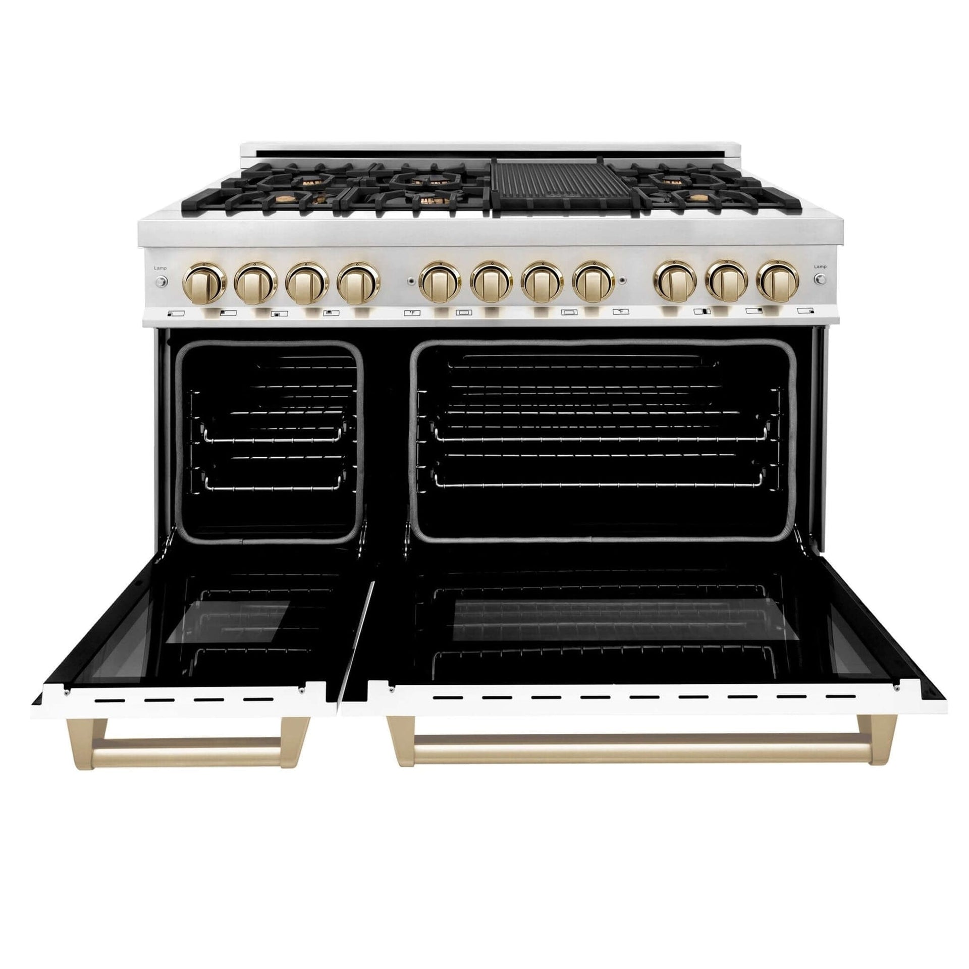 zline-autograph-edition-48-in-6-0-cu-ft-dual-fuel-range-with-gas-cooktop-and-electric-convection-oven-white-matte-door-with-polished-gold-accents-raz-wm-48-g