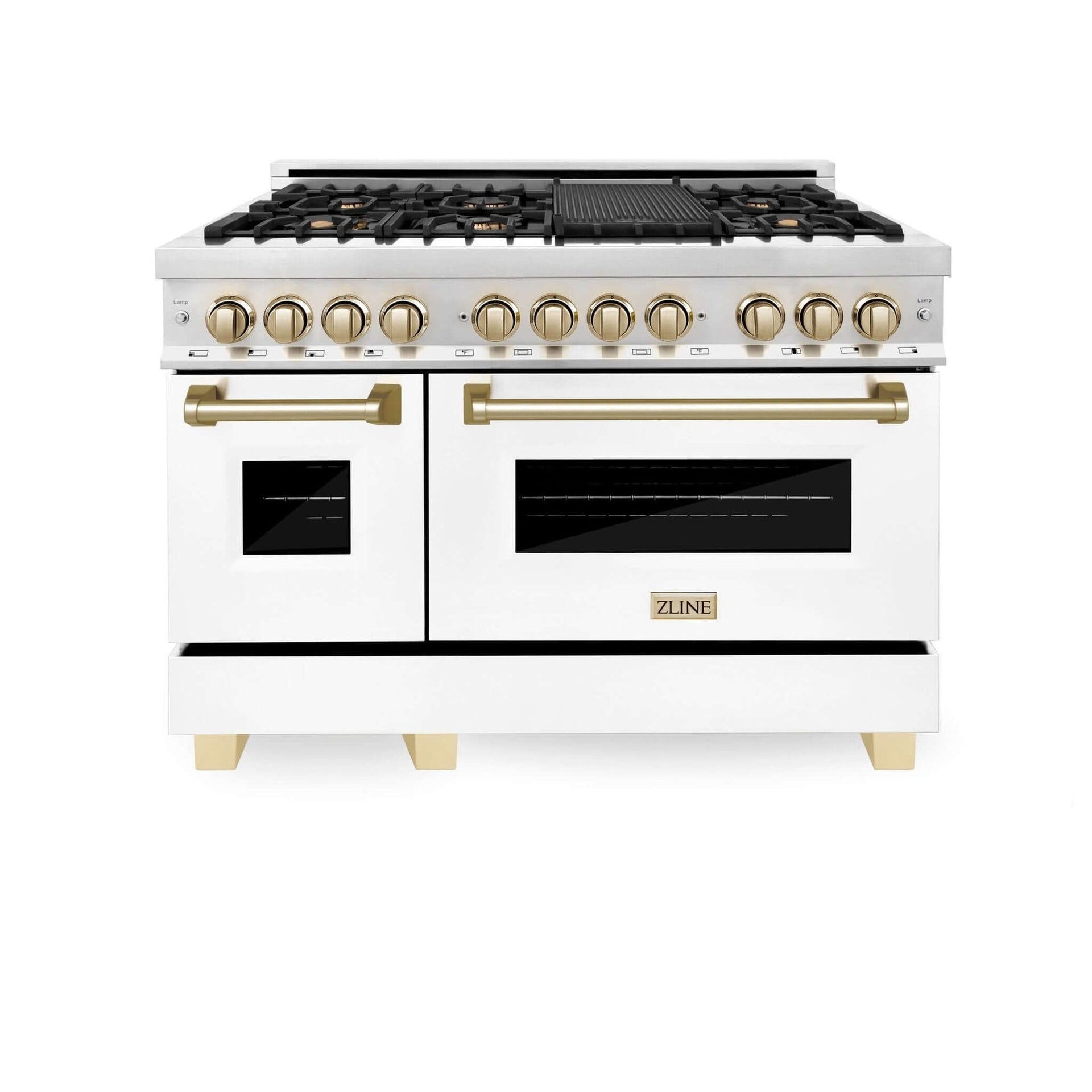 zline-autograph-edition-48-in-6-0-cu-ft-dual-fuel-range-with-gas-cooktop-and-electric-convection-oven-white-matte-door-with-polished-gold-accents-raz-wm-48-g