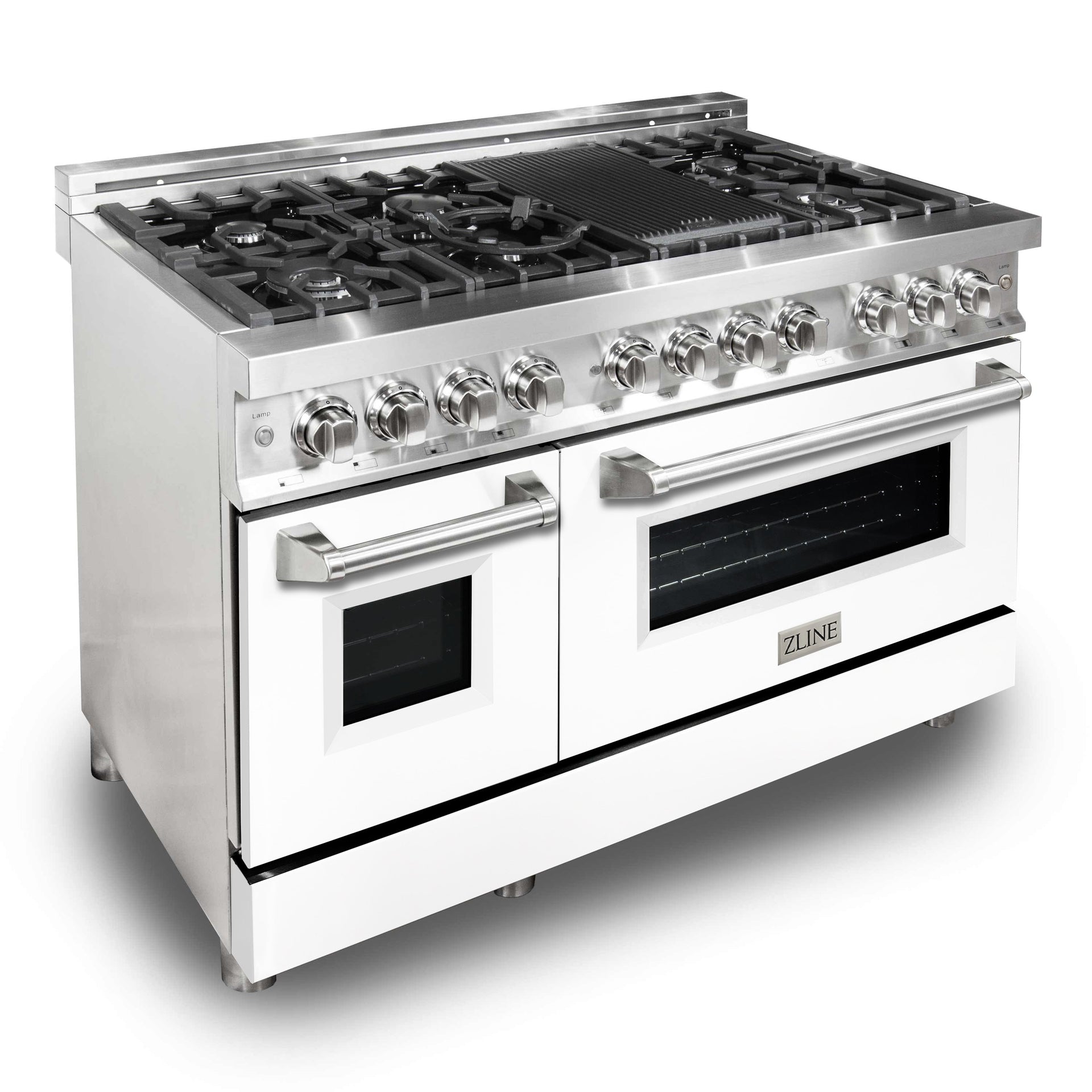 zline-48-inch-dual-fuel-range-with-gas-cooktop-electric-oven-griddle-6-0-cu-ft-white-matte-door-stainless-steel-ra-wm-gr-48
