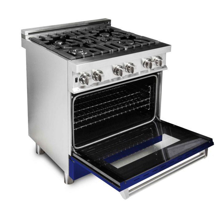 zline-30-professional-dual-fuel-range-with-4-gas-burners-and-electric-convection-oven-in-stainless-steel-with-blue-gloss-door-ra-bg-30