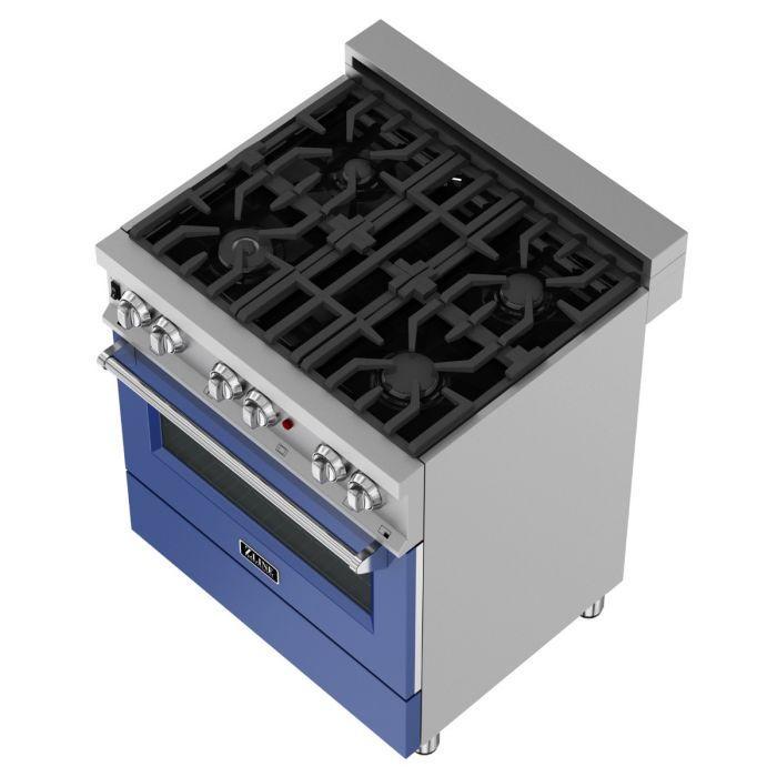 zline-30-in-legacy-dual-fuel-range-with-4-burner-gas-cooktop-and-electric-convection-oven-in-satin-stainless-steel-with-blue-matte-door-ras-bm-30