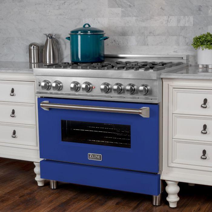 zline-36-inch-legacy-dual-fuel-range-4-6-cu-ft-6-burner-gas-cooktop-with-electric-convection-oven-satin-stainless-steel-with-blue-matte-door-model-ras-bm-36