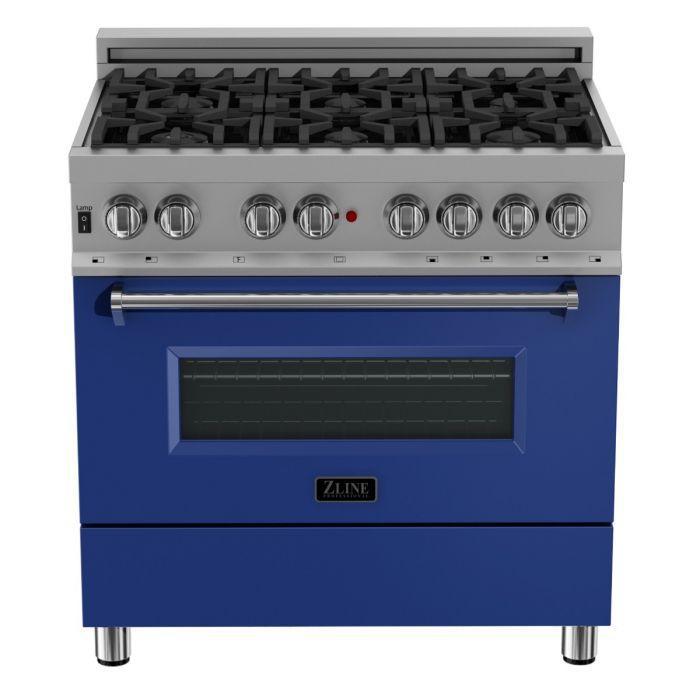 zline-36-inch-legacy-dual-fuel-range-4-6-cu-ft-6-burner-gas-cooktop-with-electric-convection-oven-satin-stainless-steel-with-blue-matte-door-model-ras-bm-36