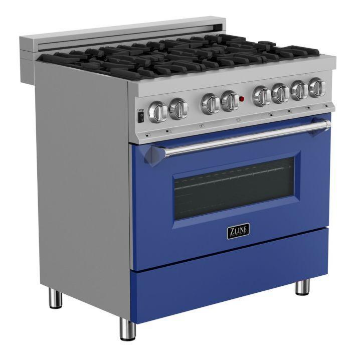 zline-36-inch-legacy-dual-fuel-range-4-6-cu-ft-6-burner-gas-cooktop-with-electric-convection-oven-satin-stainless-steel-with-blue-matte-door-model-ras-bm-36