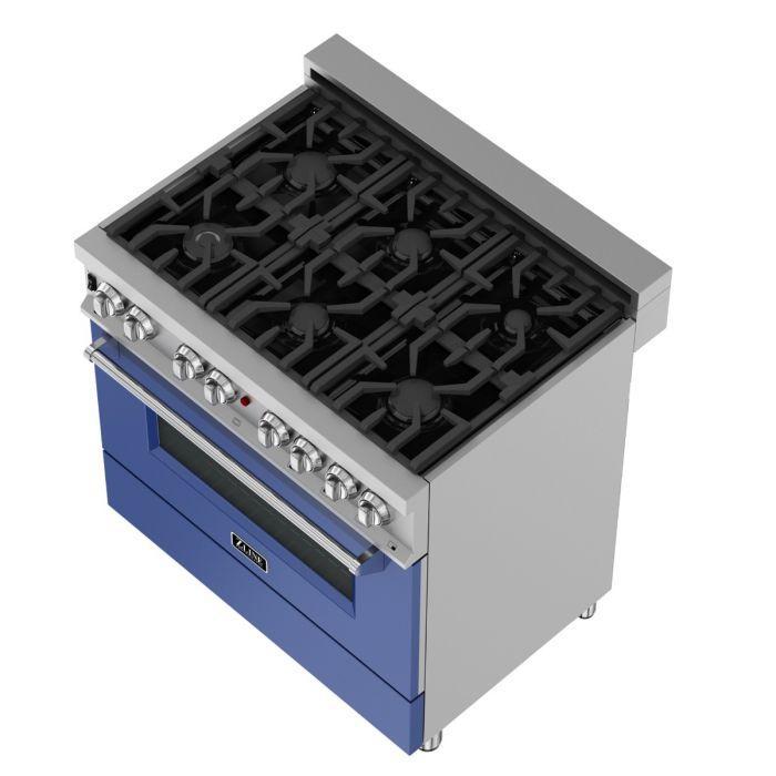 zline-36-inch-legacy-dual-fuel-range-4-6-cu-ft-6-burner-gas-cooktop-with-electric-convection-oven-satin-stainless-steel-with-blue-matte-door-model-ras-bm-36