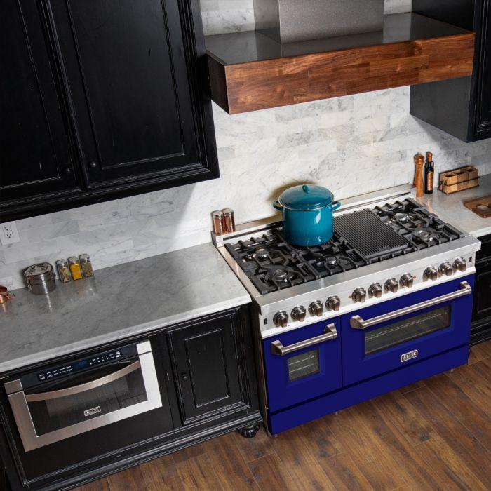 zline-48-in-dual-fuel-range-with-7-gas-burners-and-6-0-cu-ft-electric-convection-oven-in-stainless-steel-with-blue-matte-door-ra-bm-48